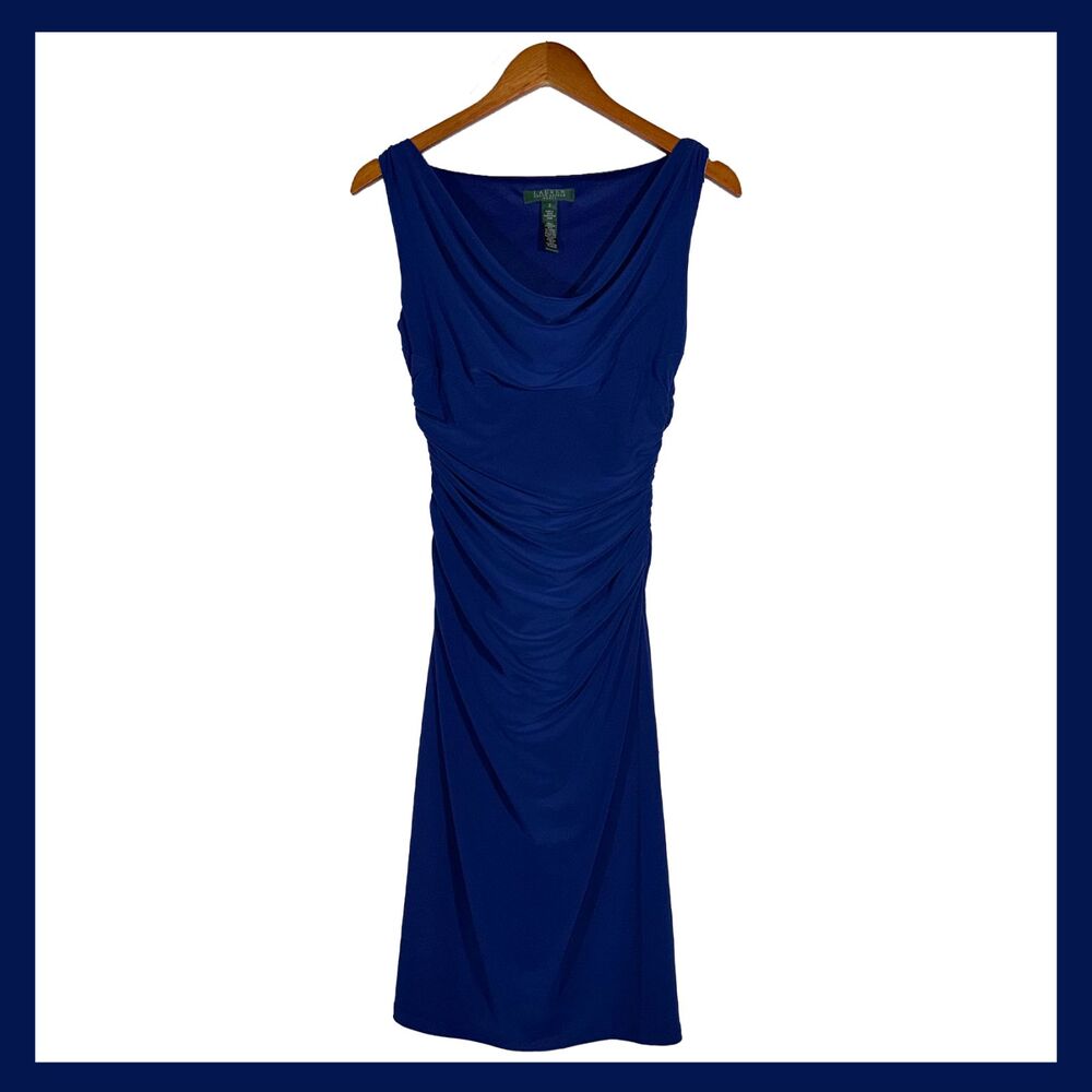 Lauren Ralph Lauren Blue Ruched Cowl Neck Stretch Sheath Dress Size 2 - Picture 1 of 11